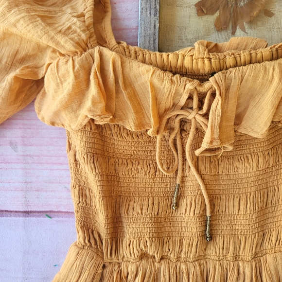 Free People Orange Oasis Smocked Ruffle Cotton Boho A-line Midi Dress XS - Picture 9 of 10